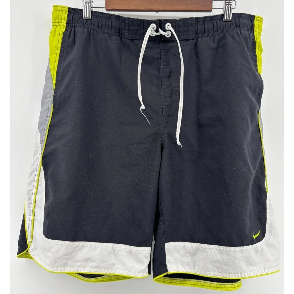 Nike Swim Trunks Mens Black Neon Yellow Mesh Lined Board Shorts Large